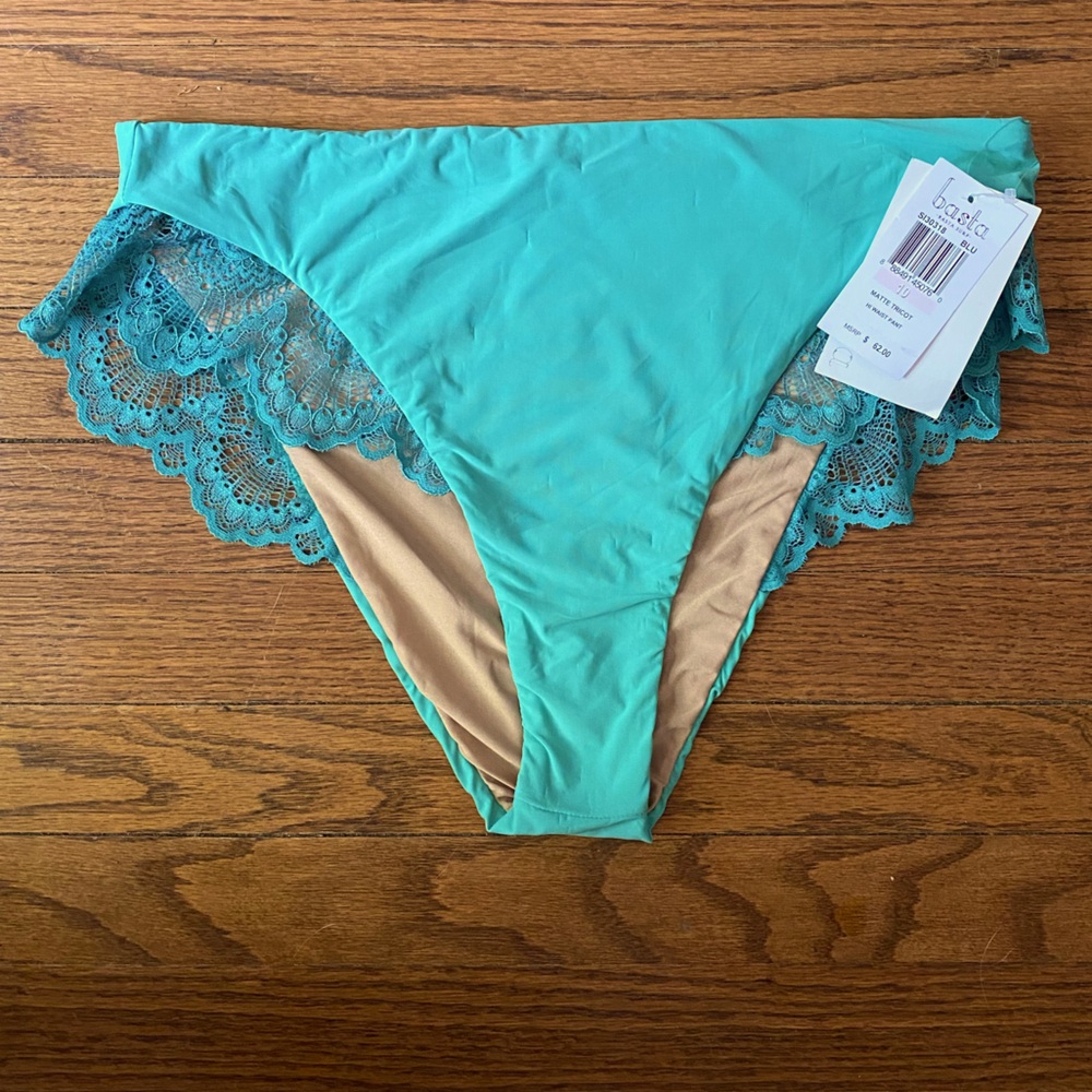 NWT Basta Surf Aqua Blue Lace Trim Matte Tricot Hi Waist Pant Bikini Bottom